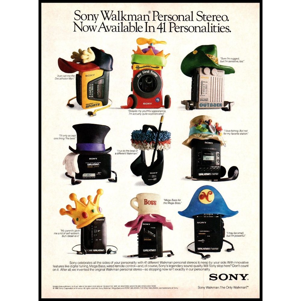 1991 Sony Walkman Personal Stereo Vintage Print Ad Party Hats Personalities Art